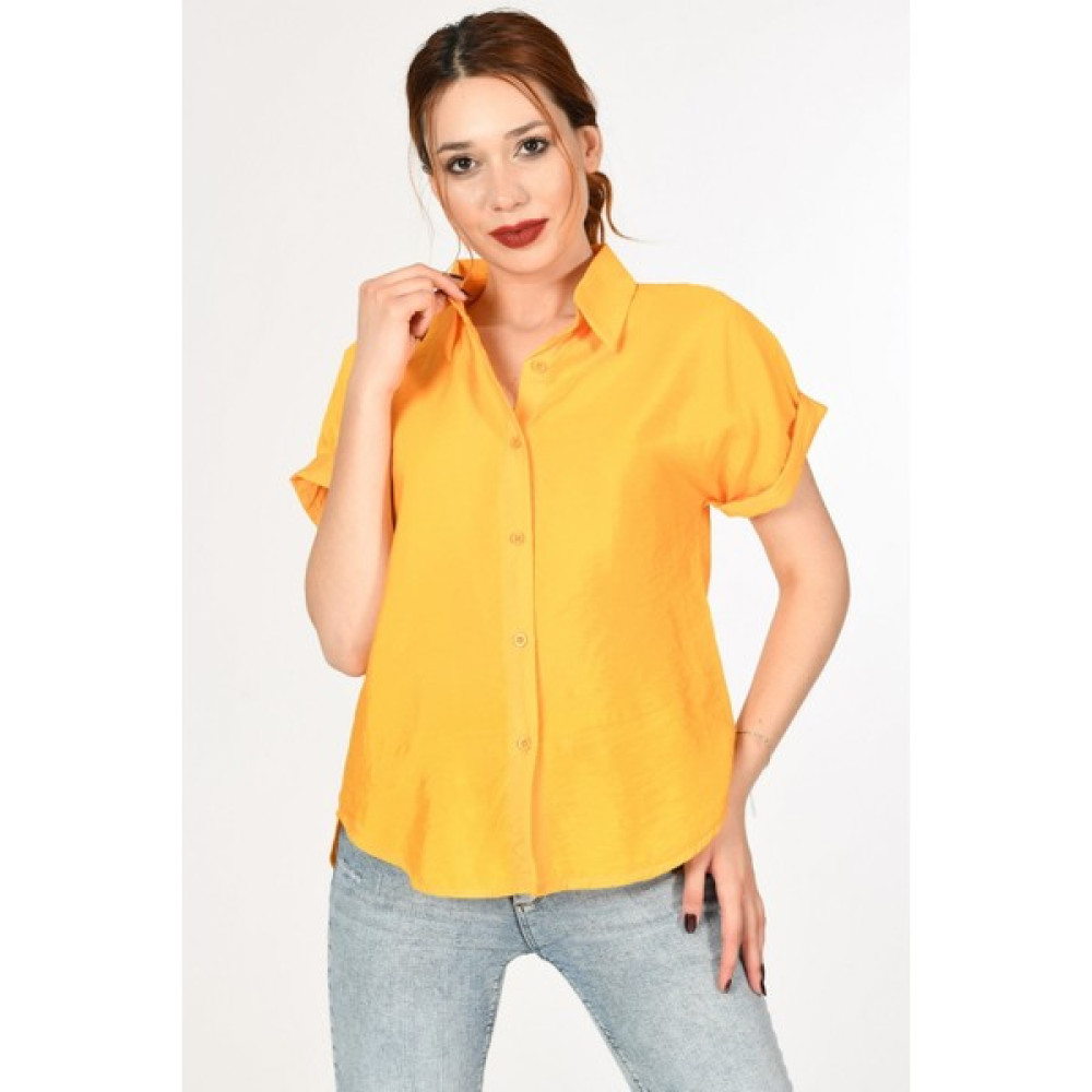 Miss Poem Düğmeli Katlanabilir Kısa Kol Kadın Yazlık Gömlek - Mango Mango - L Bluz Fiyatı