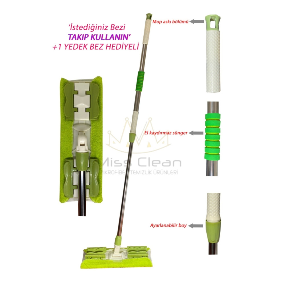 MissClean ( 1 Adet Yedek Bez Hediyeli ) Yer Mopu Fayans Duvar Yüzey Temizlik Mikrofiber Paspas Mandallı Mop Deterjan ve Temizlik Ürünleri Fiyatı