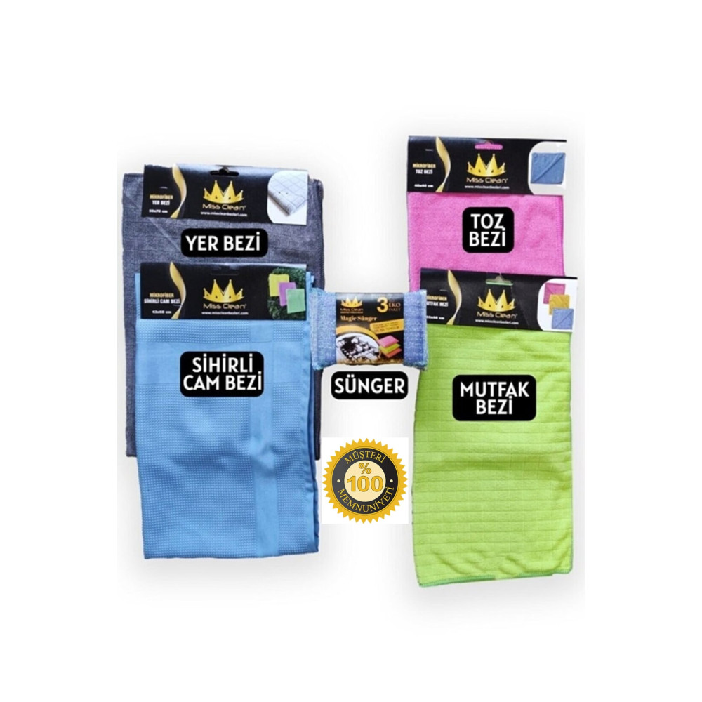 MissClean ( 4 Adet ) Mikrofiber Genel Temizlik Bez Seti Sihirli Cam Bezi Mutfak Bezi Toz Bezi Yer Bezi Temizlik Malzemeleri Fiyatı
