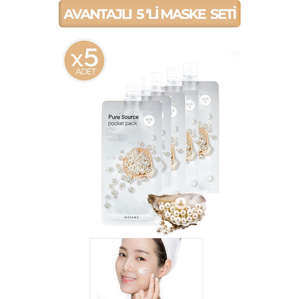 MISSHA Avantajlı Aydınlatıcı Nemlendirici ve İnci Özlü Uyku Maske(10mlx5Ad) Pure Source Pocket Pack (Pearl) Maskeler Fiyatı