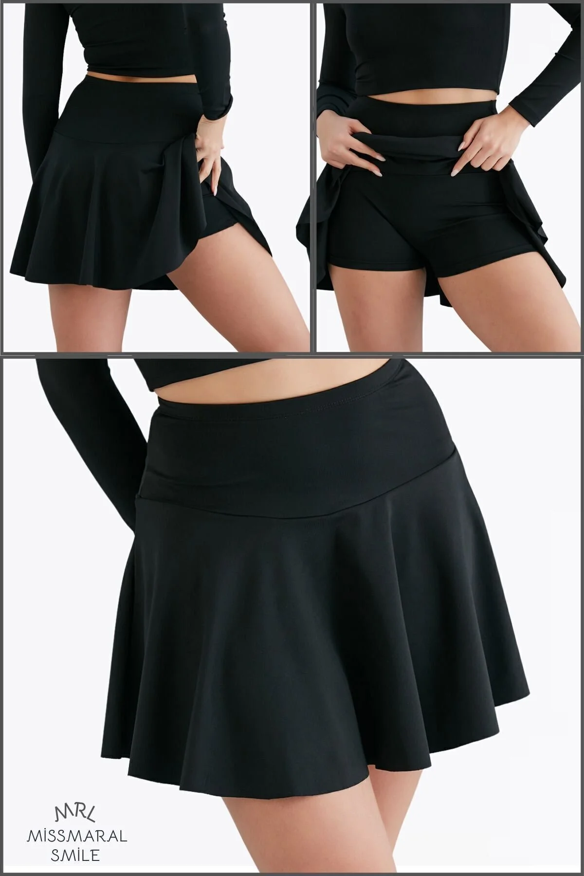 missmaral Siyah Yüksek Bel Volanlı Şortlu Spor Etek Deniz Şortu Skirt With Shorts XS Beden" Etek Fiyatı