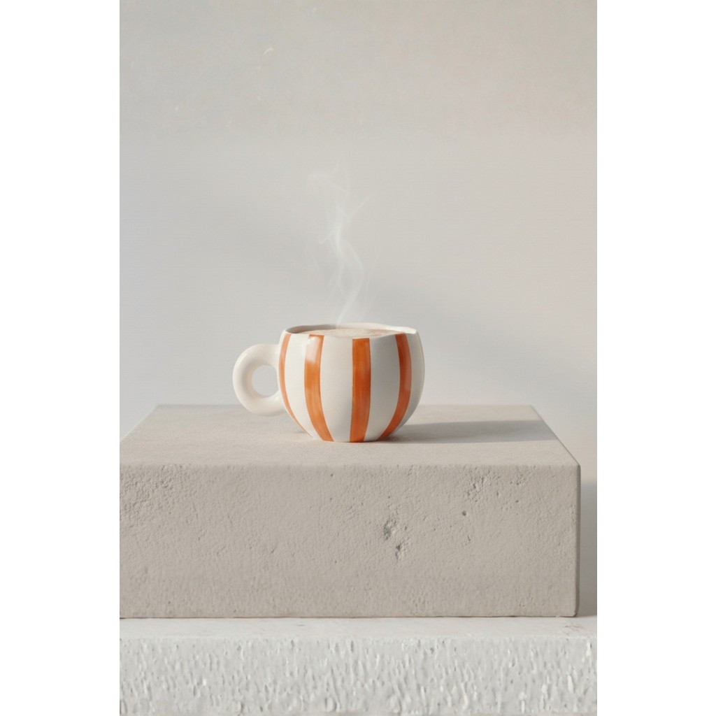 Mithra Life Turuncu Çizgili 400 ml El Yapımı Seramik Çay Kahve Mug Kupası MIT1323 - Turuncu - Beyaz Fincan / Bardak / Kahve Takımı Fiyatı