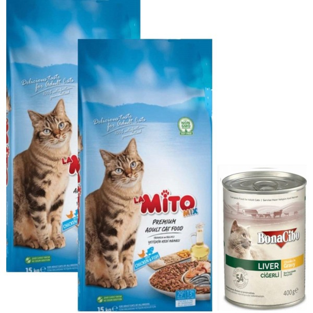 Mito Mix Adult Cat Tavuklu ve Balıklı Renkli Kedi Maması 1 kg x 2 Ad. + Yaş Mama 400 Gr. ( Ciğerli ) Evcil Hayvan Ürünleri Fiyatı