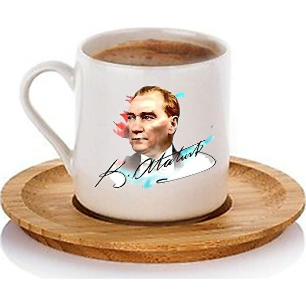Mitugo Atatürk Özel Tasarım Baskılı Türk Kahvesi Fincanı ve Bambu Altlık, 2 Li Kahve Fincanı - Beyaz - 75 ml Fincan / Bardak / Kahve Takımı Fiyatı