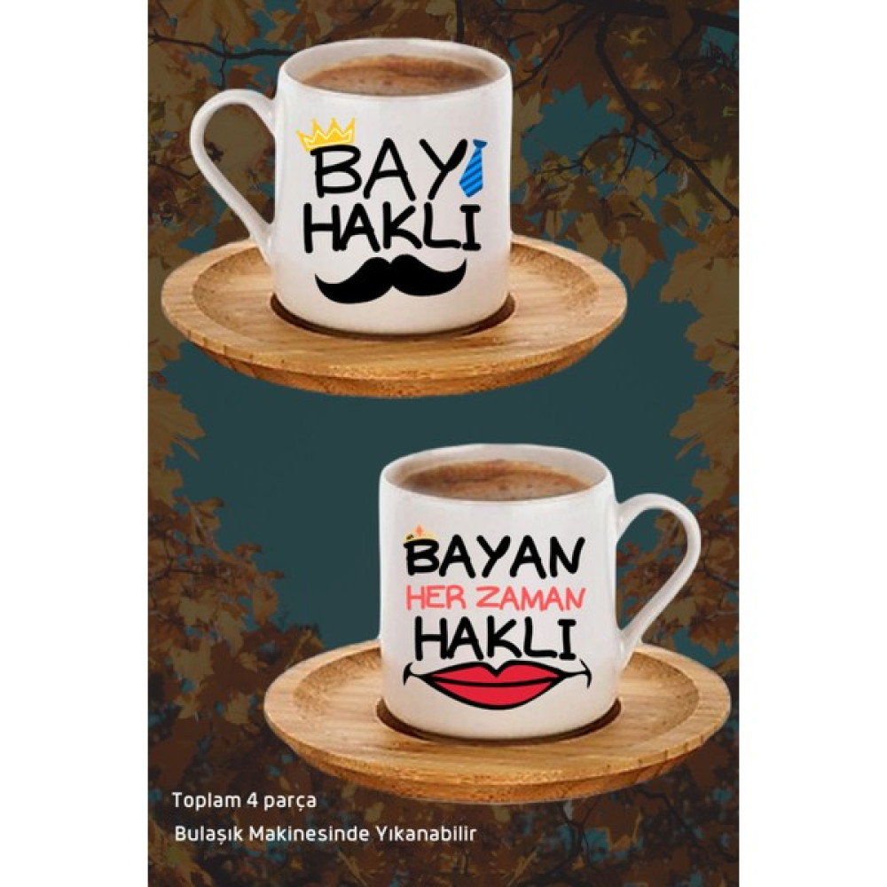 Mitugo Bay Haklı - Her Zaman Haklı Baskılı 2'li Kahve Fincan Takımı, Bambu Altlıklı Fincan Takımı - Beyaz - 75 ml Fincan / Bardak / Kahve Takımı Fiyatı