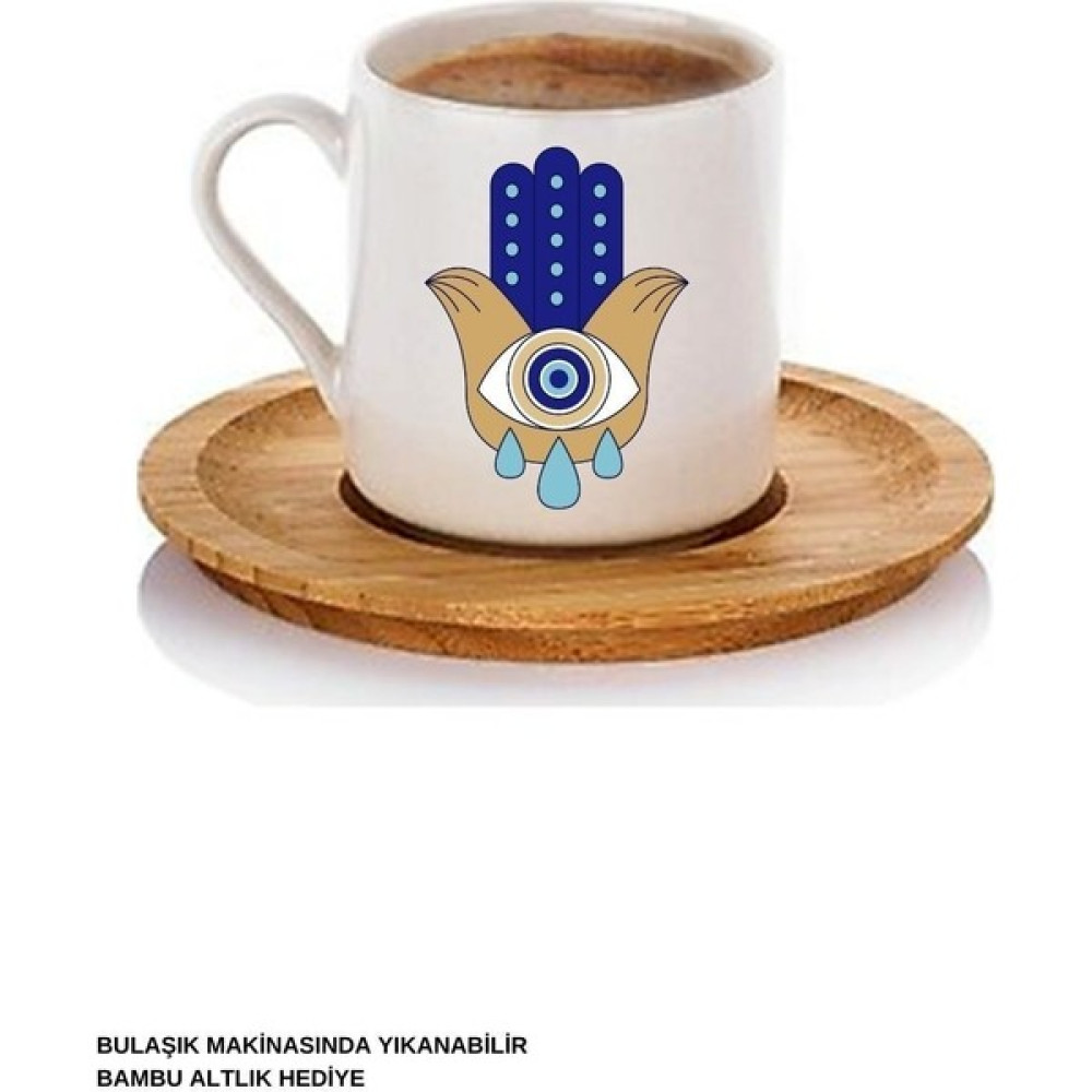 Mitugo Nazar Boncuklu Özel Tasarım Baskılı Türk Kahvesi Fincanı ve Bambu Altlık - Beyaz - 75 ml Fincan / Bardak / Kahve Takımı Fiyatı