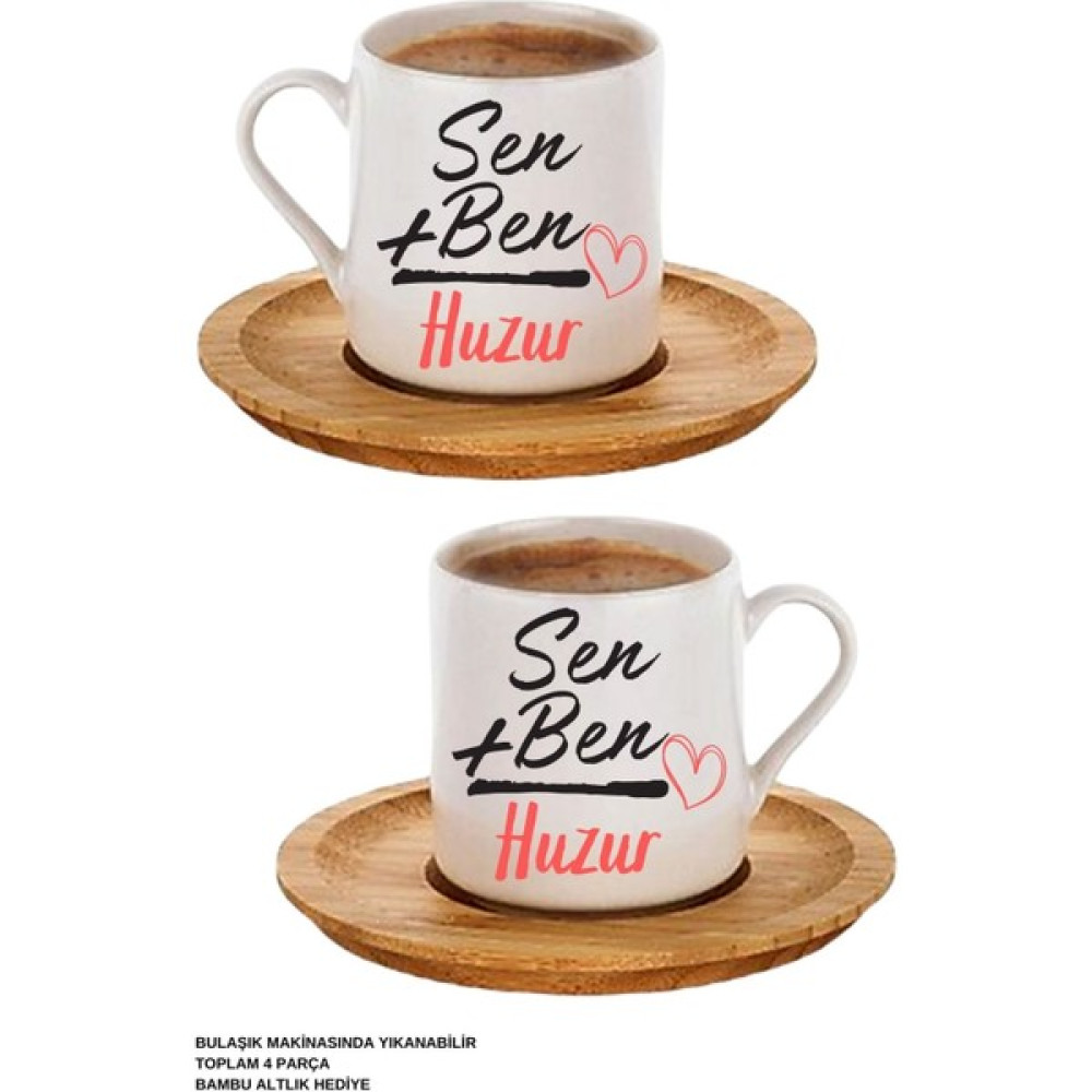 Mitugo Sevgiliye Hediye, Sen Ben = Huzur Tasarımlı 2'li Kahve Fincan Takımı, Sevgililer Günü Hediyesi - Beyaz - 75 ml Fincan / Bardak / Kahve Takımı Fiyatı