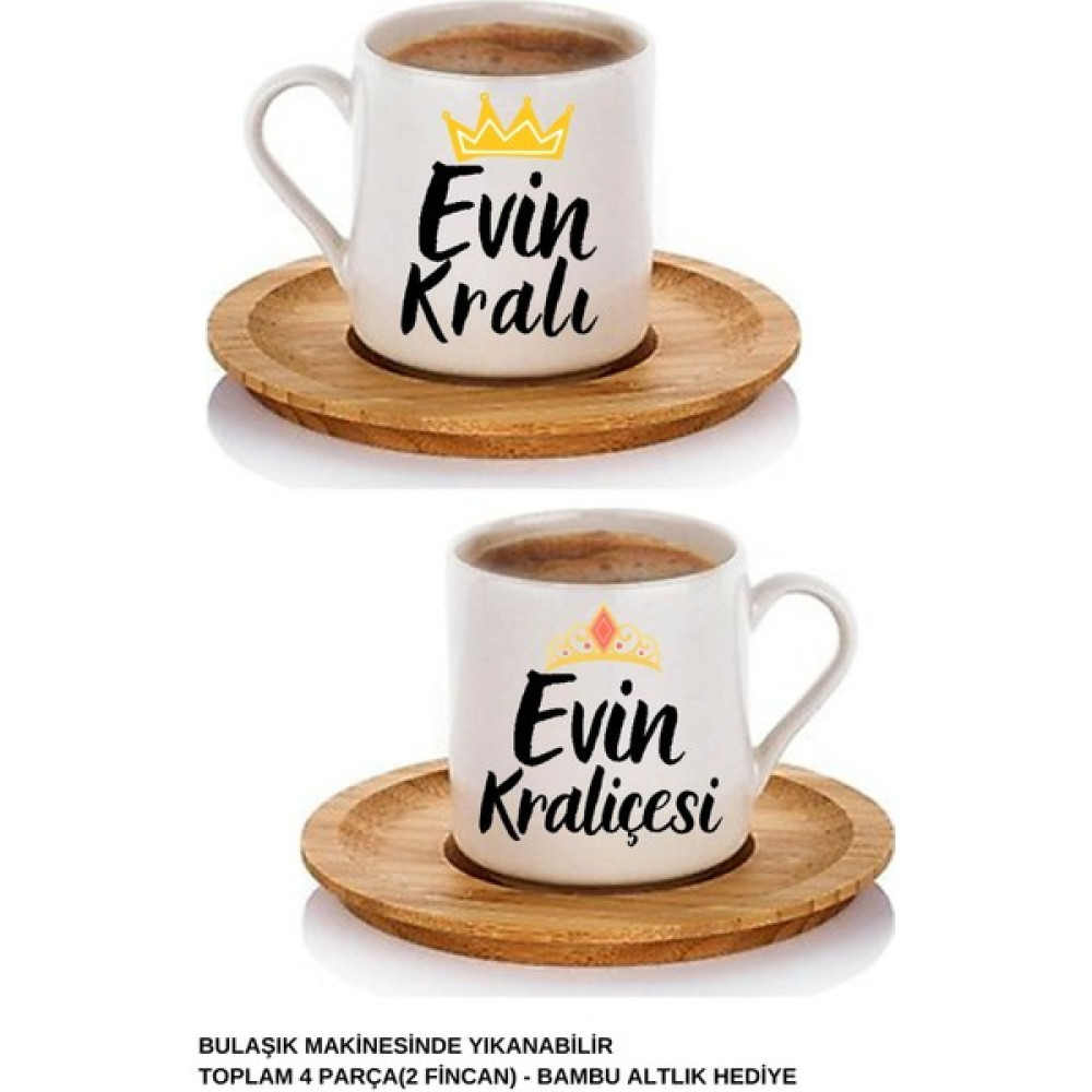 Mitugo Yeni Ev Hediyesi, 2'li Evin Kralı, Evin Kraliçesi Baskılı Çift Fincanı, Baskılı Türk Kahvesi Fincanı - Beyaz - 75 ml Fincan / Bardak / Kahve Takımı Fiyatı