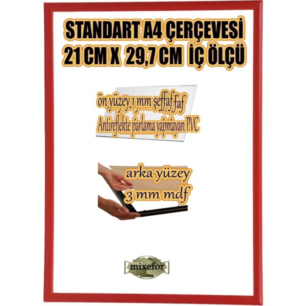 MİXEFOR A4 Çerçeve-Renk KIRMIZI-Arka Yüzey 3mm Mdf- Ön yüzey Kırılmaz parlama yapmayan Antireflektif - Kırmızı Resim & Fotoğraf Çerçevesi Fiyatı