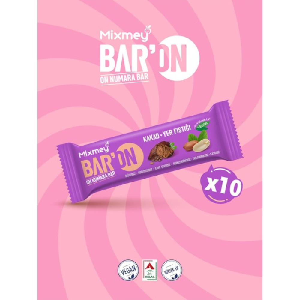 Mixmey Baron Kakaolu & Yer Fıstıklı Bar | Doğal Atıştırmalık - 35gr X 10 Adet | Sağlıklı Kakao Bar - 35 gr Diğer Fiyatı
