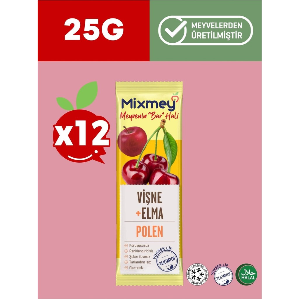 Mixmey Bee Polenli Vişne Meyve Bar 12 Adet | Glutensiz Sağlıklı Atıştırmalık - 25gr X 12 Adet - 125 gr Diğer Fiyatı