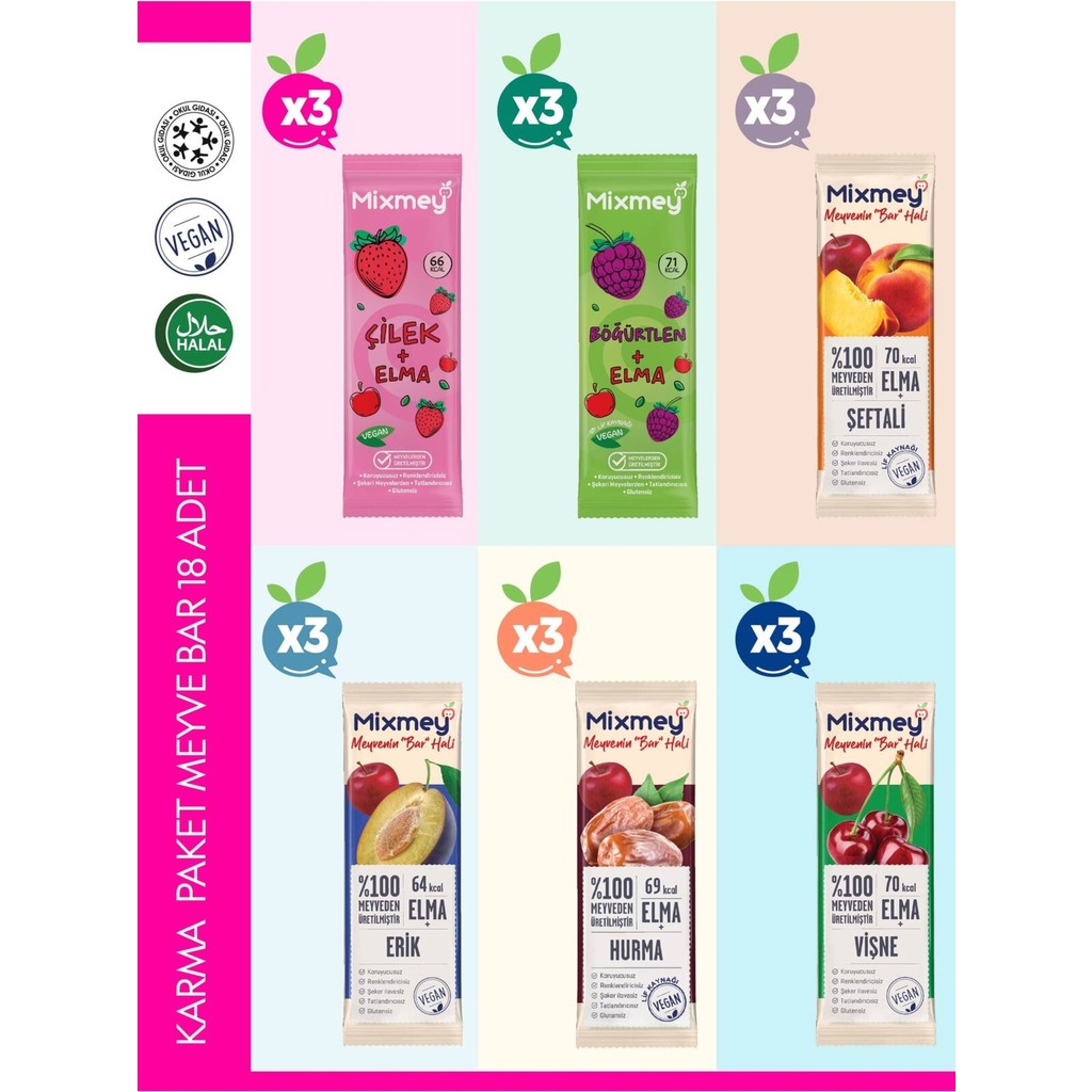 Mixmey Karma 3 Meyve Bar 18 Adet | Sağlıklı Atıştırmalıklar – Vegan, Glutensiz, Koruyucusuz 20gr X 18 Adet Diğer Fiyatı