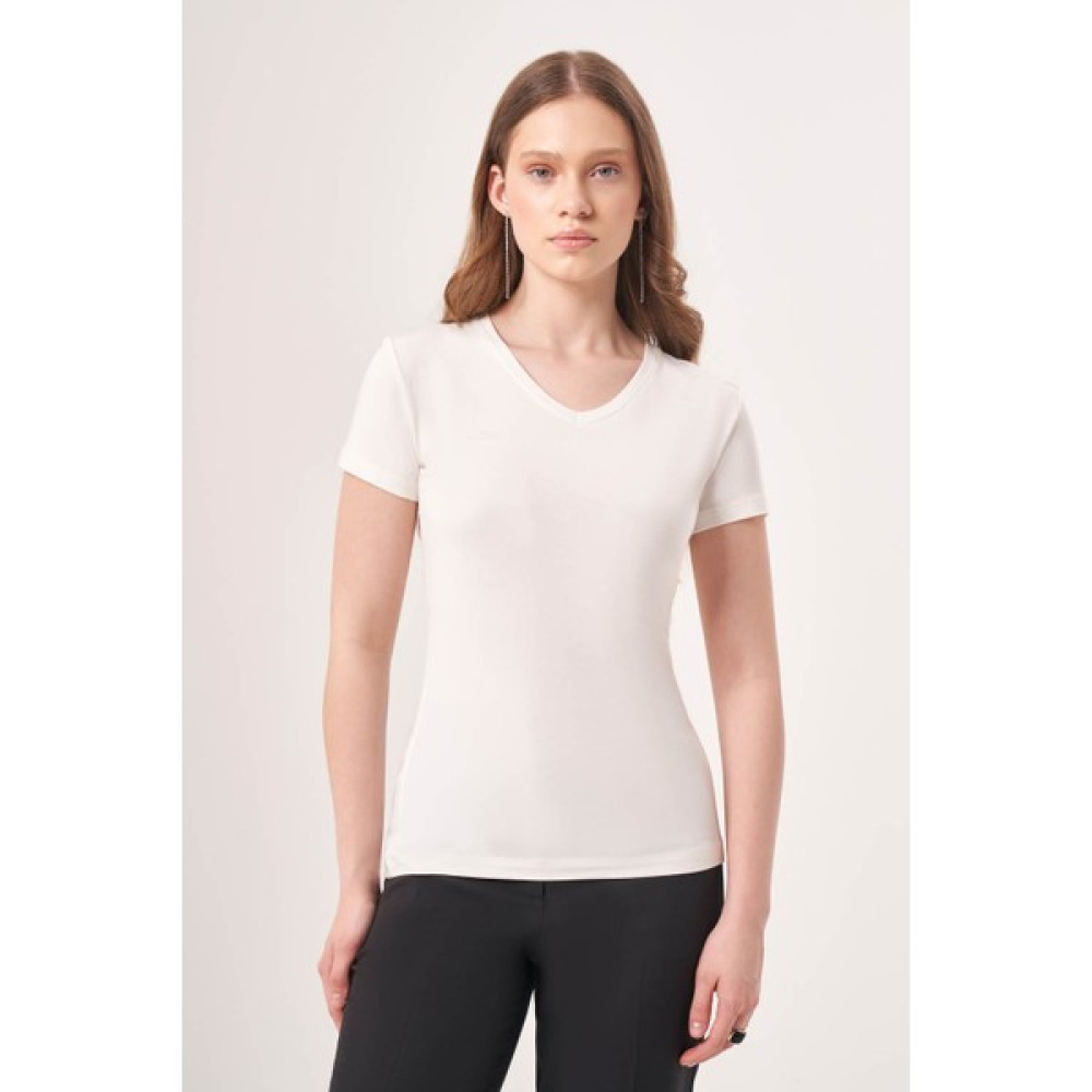 Mizalle Basic V Yaka Kısa Kollu Ekru Tshirt Bayan T-shirt Fiyatı
