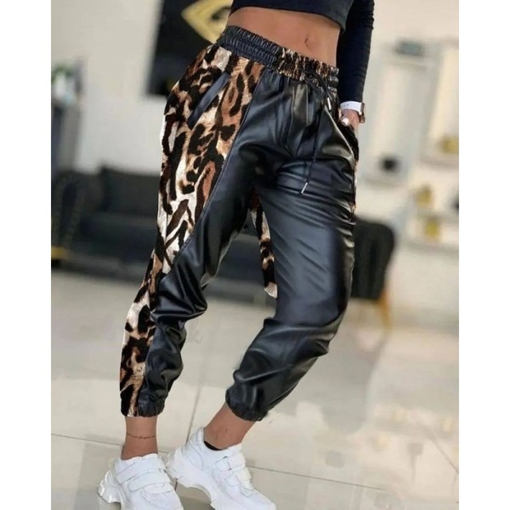 MKL Shop Kadın Bel ve Paça Lastikli Detay Yanları Leopar Detay Bağcıklı Deri Pantolon Kadın Pantolon Fiyatı