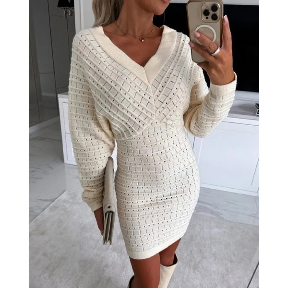 Mkl Shop Kadın Uzun Kollu V Yaka Yarasa Kol Delikli Örgü Detay Mini Triko Elbise Elbise Fiyatı
