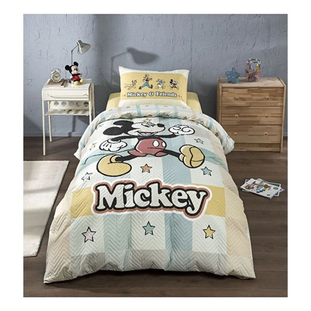 MKS TEKSTİL Mickey Mouse Star Tek Kişilik Disney Lisanslı Lastikli Fitted Çarşaf Kapitone Çocuk Nevresim Takımı - 160 x 220 cm - Açık Sarı Nevresim Takımı Fiyatı