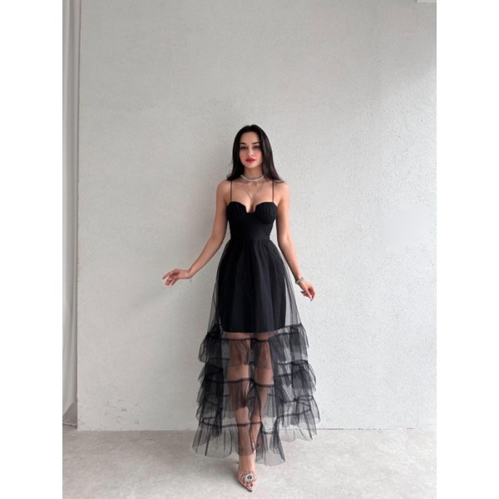 Mm Group Tekstil Kadın Elbise Tasarım Tül Detaylı Maxi Boy Askılı Uzun Siyah Elbise Elbise Fiyatı