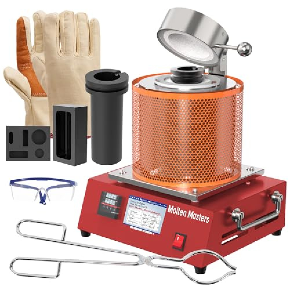MMasters 3KG Electric Melting Furnace, 1600W 2102℉ Digital Temp Control Gold Smelting Furnace Kit Foundry Kiln with Graphite Crucible & Ingot Molds for Melt Scrap Metal, Silver, Aluminum (Red Updated)
