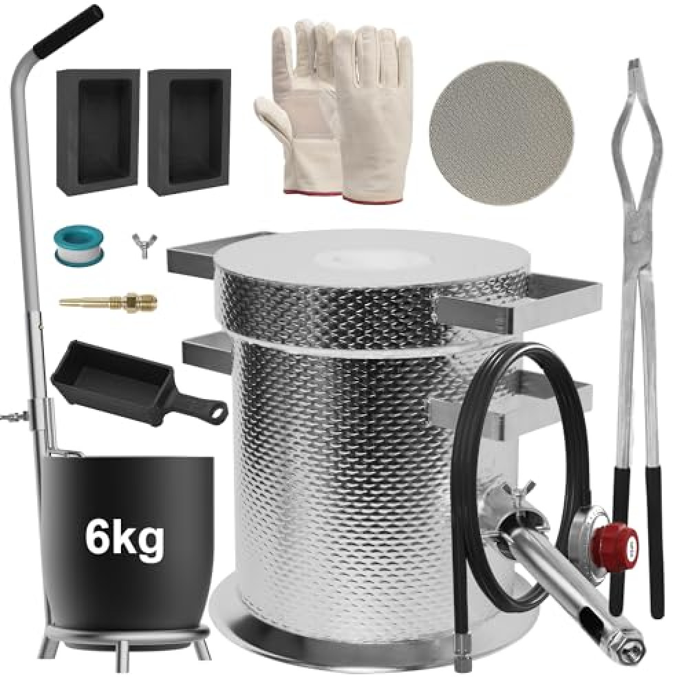 MMasters 6KG Stainless Steel Propane Melting Furnace Kit, 6kg Silicon Carbide Graphite Crucible, Max 2400°F Casting Furnace Foundry Kiln, Recycle Aluminum Cans and Scrap Metal Casting Mold