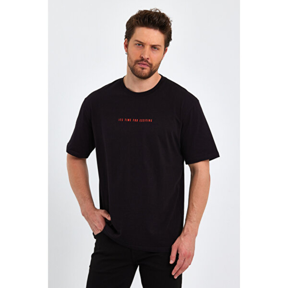 mmetalic Erkek Siyah Baskılı Basic Oversize Bisiklet Yaka Kısa Kollu T-Shirt Erkek T-shirt Fiyatı