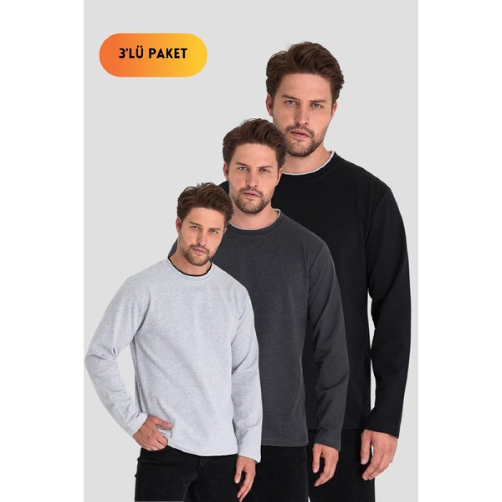 mmetalic Siyah-Gri-Antrasit Erkek Çift Bisiklet Yaka Standart Rahat Kesim 3'lü Sweatshirt Erkek Sweatshirt Fiyatı