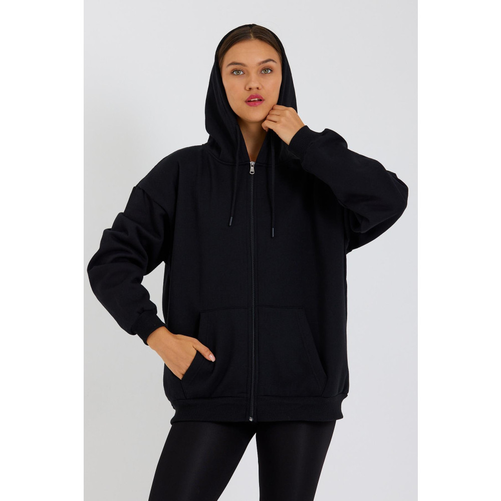 mmetalic Siyah Kanguru Cepli Kapüşonlu Fermuarlı Içi Pamuklu Oversize Kadın Sweatshirt S Beden Kadın Hırka Fiyatı