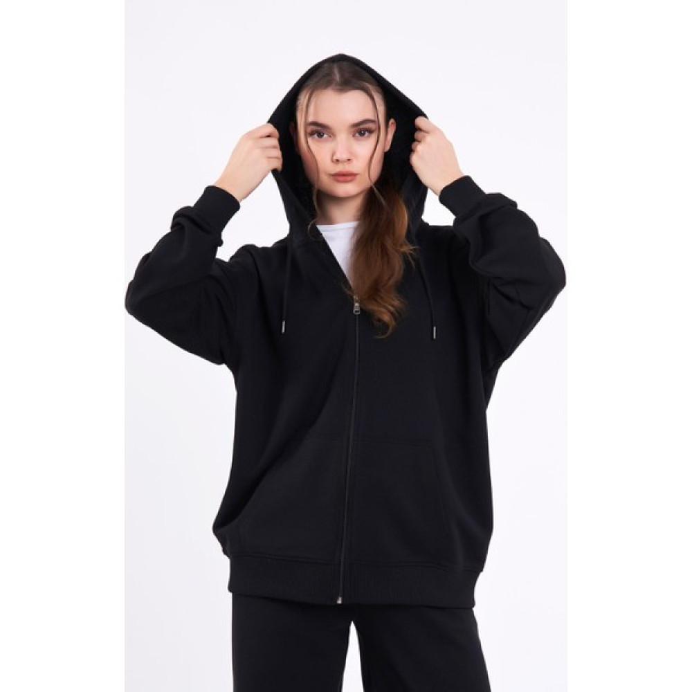 mmetalic Siyah Kanguru Cepli Kapüşonlu Fermuarlı Oversize Kadın Sweatshirt Kadın Hırka Fiyatı