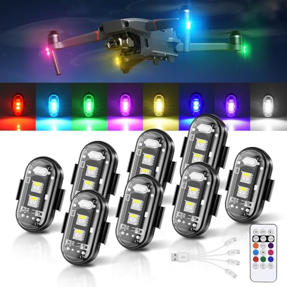 MNJ Motor Wireless LED Strobe Lights Remote Control, 8 Colors USB Charing Waterproof Anti-Collision Flashing Emergency Warning Lights for Car Motorcycle Drone Aircraft Bike 8PCS