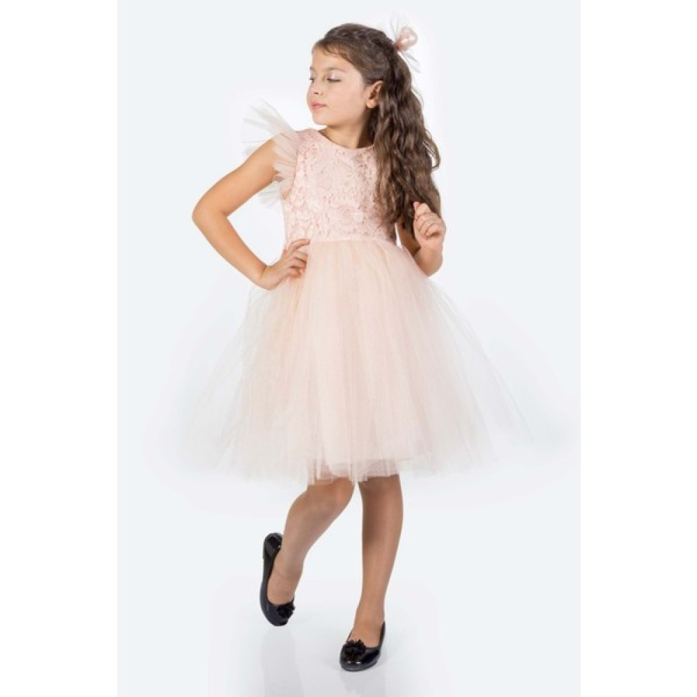 Mnk Baby & Kids Roza Dantel Tütü Kız Çocuk Abiye Elbise MNK0546 - Somon - 4 Yaş Kız Çocuk Elbise Fiyatı