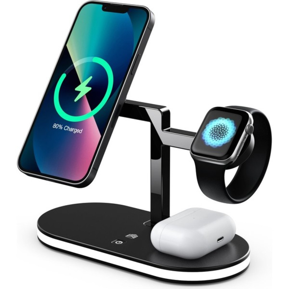 MobaxAksesuar Apple iPhone Airpods Watch 3in1 Kablosuz Wireless Magsafe Şarjlı Standı Gece Lambalı UD23 - Siyah Cep Telefonu Şarj Cihazı Fiyatı
