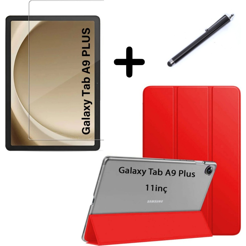 MobaxAksesuar Samsung Galaxy Tab A9 Plus 11inç X210 Kılıf SET PU Deri Smart Tablet Kilifi Ekran Koruyucu + Kalem X215 X216 - Glxy A9 Plus X210 Tablet Kılıfı Fiyatı