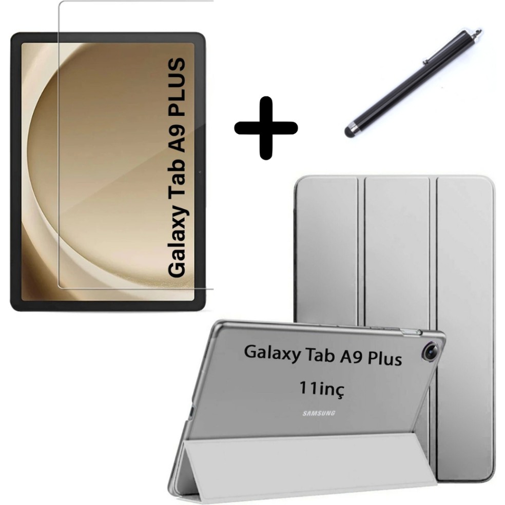 MobaxAksesuar Samsung Galaxy Tab A9 Plus 11inç X210 Kılıf SET PU Deri Smart Tablet Kilifi Ekran Koruyucu + Kalem X215 X216 - Glxy A9 Plus X210 - Gri Tablet Kılıfı Fiyatı
