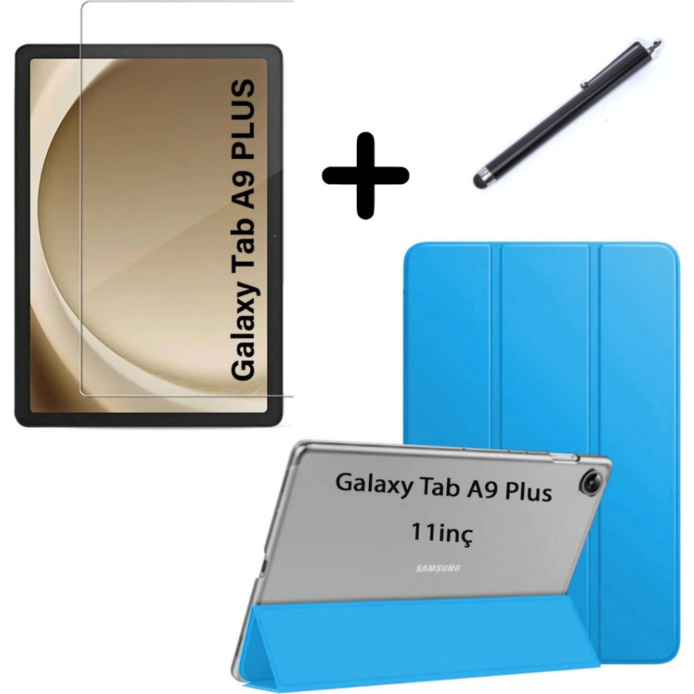 MobaxAksesuar Samsung Galaxy Tab A9 Plus 11inç X210 Kılıf SET PU Deri Smart Tablet Kilifi Ekran Koruyucu + Kalem X215 X216 - Glxy A9 Plus X210 - Mavi Tablet Kılıfı Fiyatı