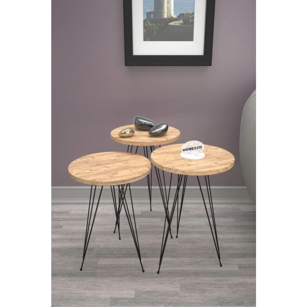 Mobezzo 3'Lü Zigon Sehpa Siyah Metal Ayak Atlantik Çam Tv Ünitesi / Sehpası Fiyatı