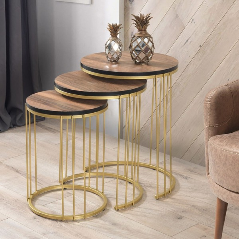 Mobi Evim Roma Gold Metal Ayaklı Ceviz Kaplama Mdf'li Zigon Sehpa Zigon Sehpa Fiyatı