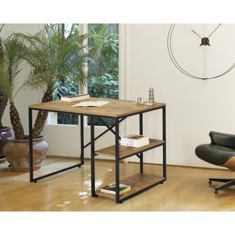 Mobilya Sarayı Ahşap Raflı Metal Lüks Çalışma Masası - Y: 75 cm D: 56 cm G: 110 cm - Ceviz Çalışma Masası Fiyatı