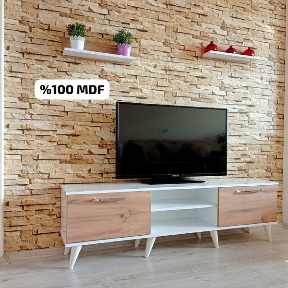 Mobilya Sepeti ( Ms 80 ) Mdf Tv Ünitesi Dolabı Raflı Beyaz Ceviz Tv Ünitesi / Sehpası Fiyatı