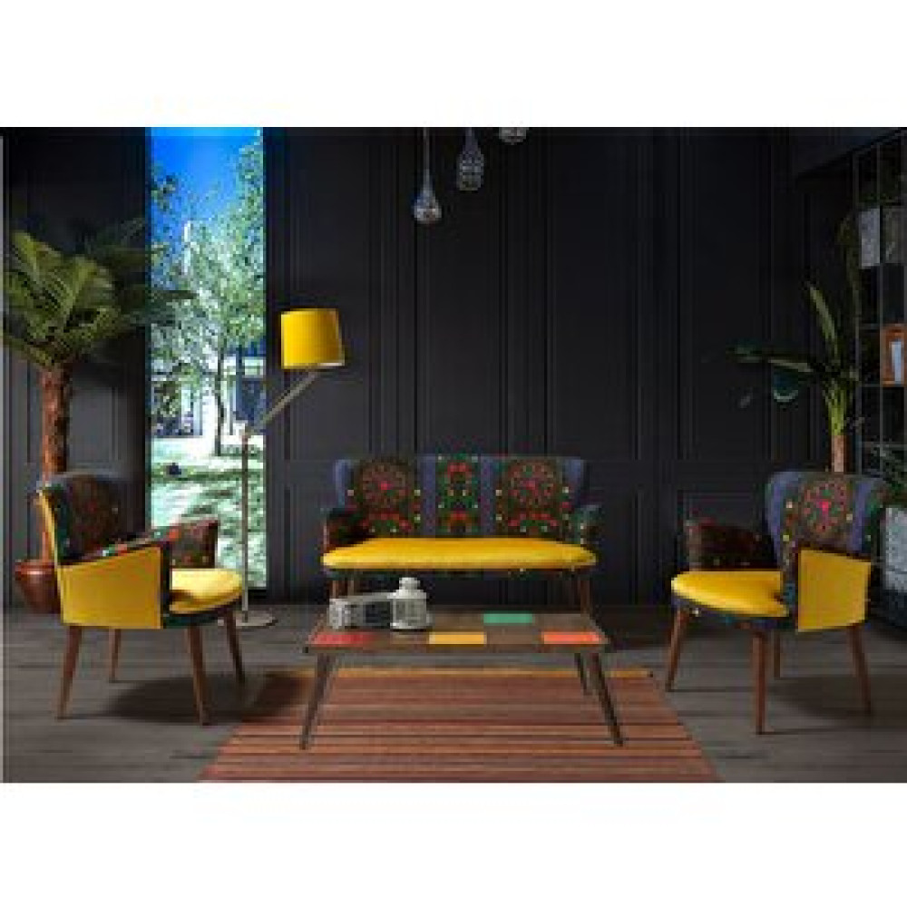 Mobilyabazari Etnik Desen Sarı 2+1+1 Çay Seti (balkon, Salon, Ofis, Cafe) Koltuk Takımı / Seti Fiyatı