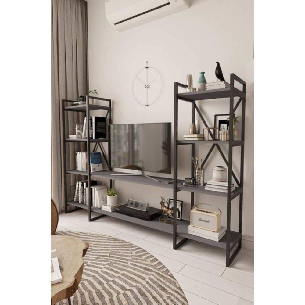 Mobitopya Nilamu 200 cm Tv Ünitesi / Metal Aksamlı / Açık Raf / Kitaplık / Organizer / Ofis / Ev / Salon / Tv Sehpası / Dekoratif - Antrasit Tv Ünitesi / Sehpası Fiyatı