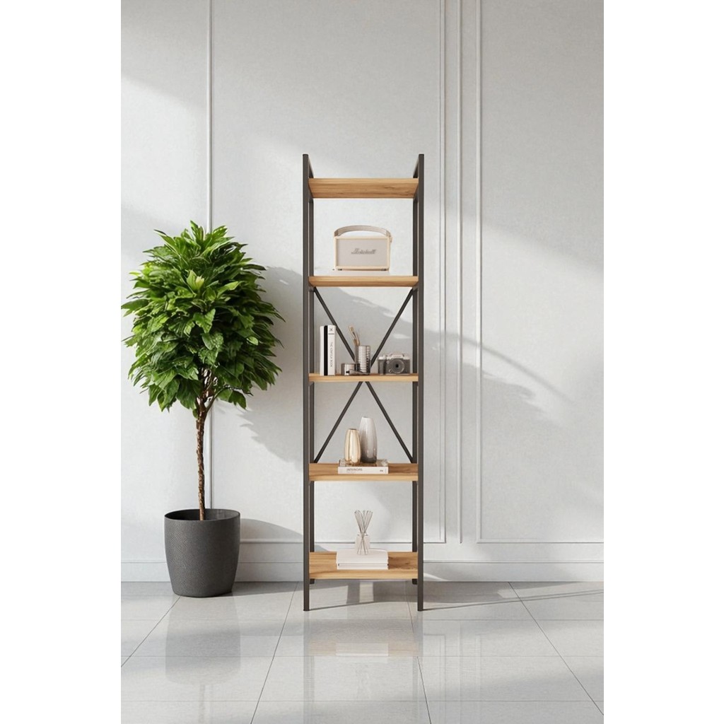 Mobitopya Nilamu 45 cm Kitaplık / Metal Aksamlı / Açık Raf / Organizer / Ofis / Ev / 5 Raflı Kitaplık - Çam Kitaplık Fiyatı