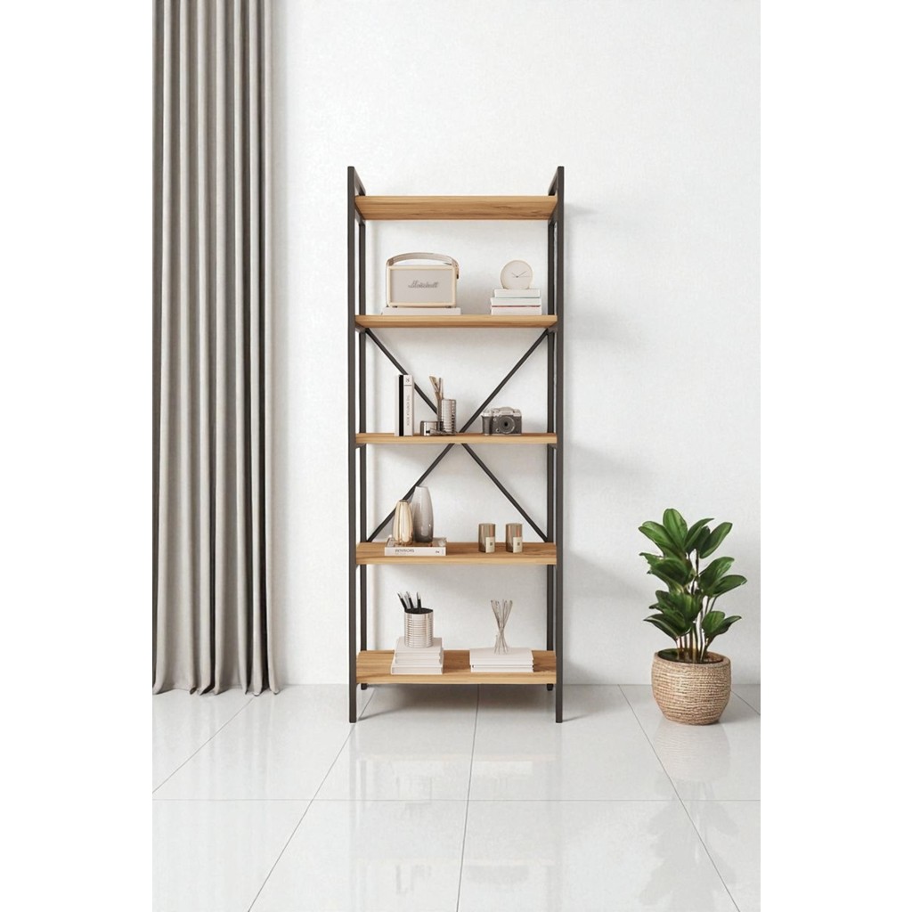 Mobitopya Nilamu 65 cm Atlantik Çam Kitaplık / Metal Aksamlı / Açık Raf / Organizer / Ofis / Ev / 5 Raflı Kitaplık Kitaplık Fiyatı