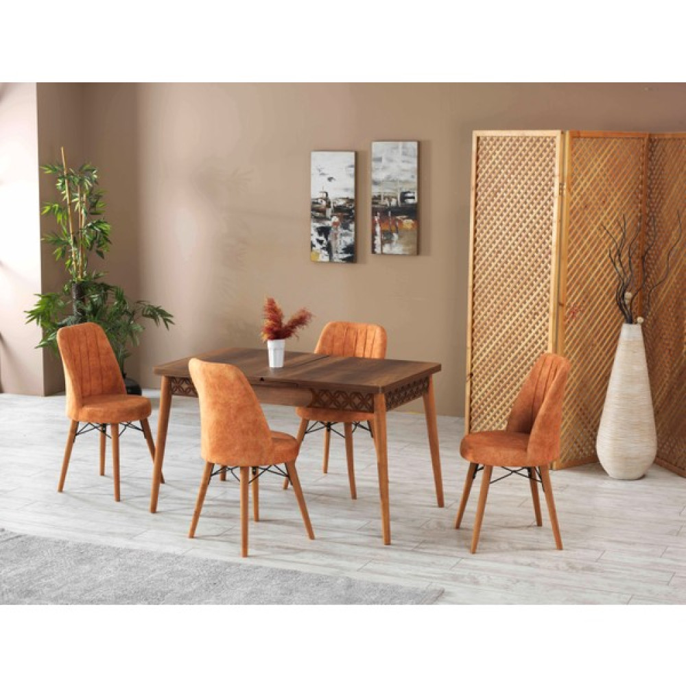 Mobiyus Home Rüya Serisi Açılabilir Mutfak Masası Takımı-Yemek Masası Takımı Barok Masa+4 Sandalye - Turuncu Masa - Sandalye Seti / Takımı Fiyatı