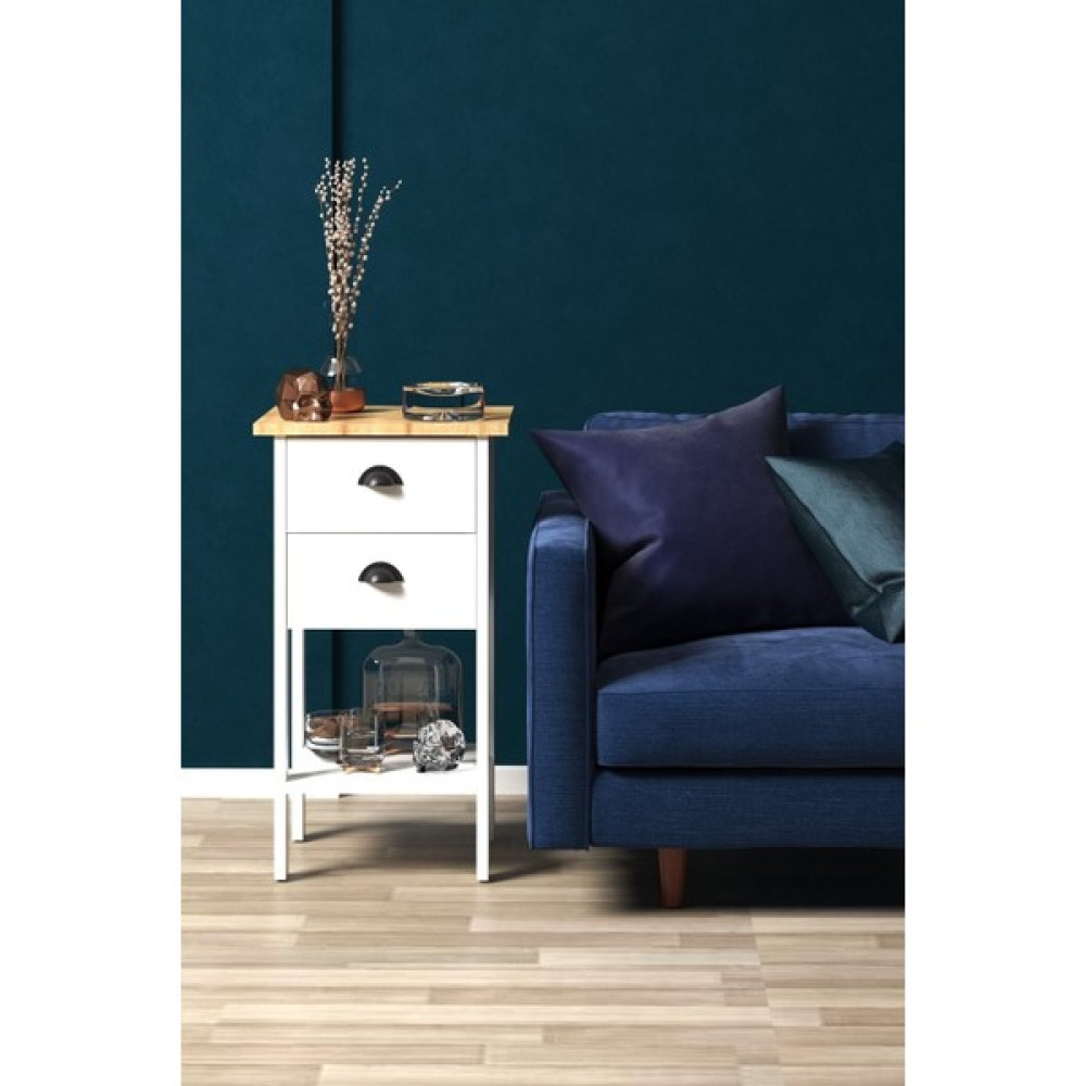 Mobu Concept Beyaz Gövde Retro Çekmeceli Meşe Tabla Komodin Komidin Fiyatı