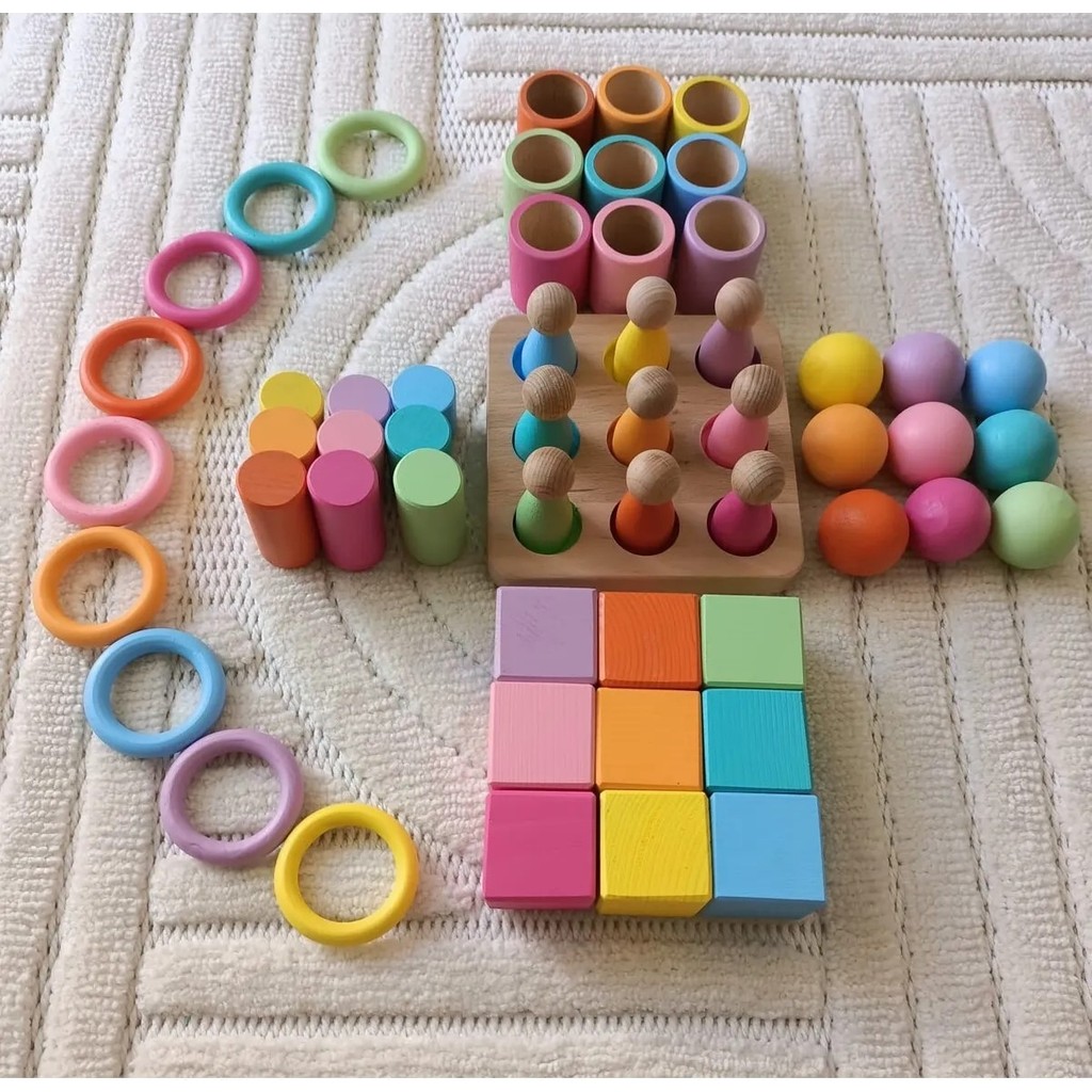 Moccotoys Montessori Eşleştirme Tablalı Silindir Halka Peg Bebek Kase Küp Ahşap Oyuncak Seti - 9 Renk - Renkli Anne Bebek Oyuncak Fiyatı