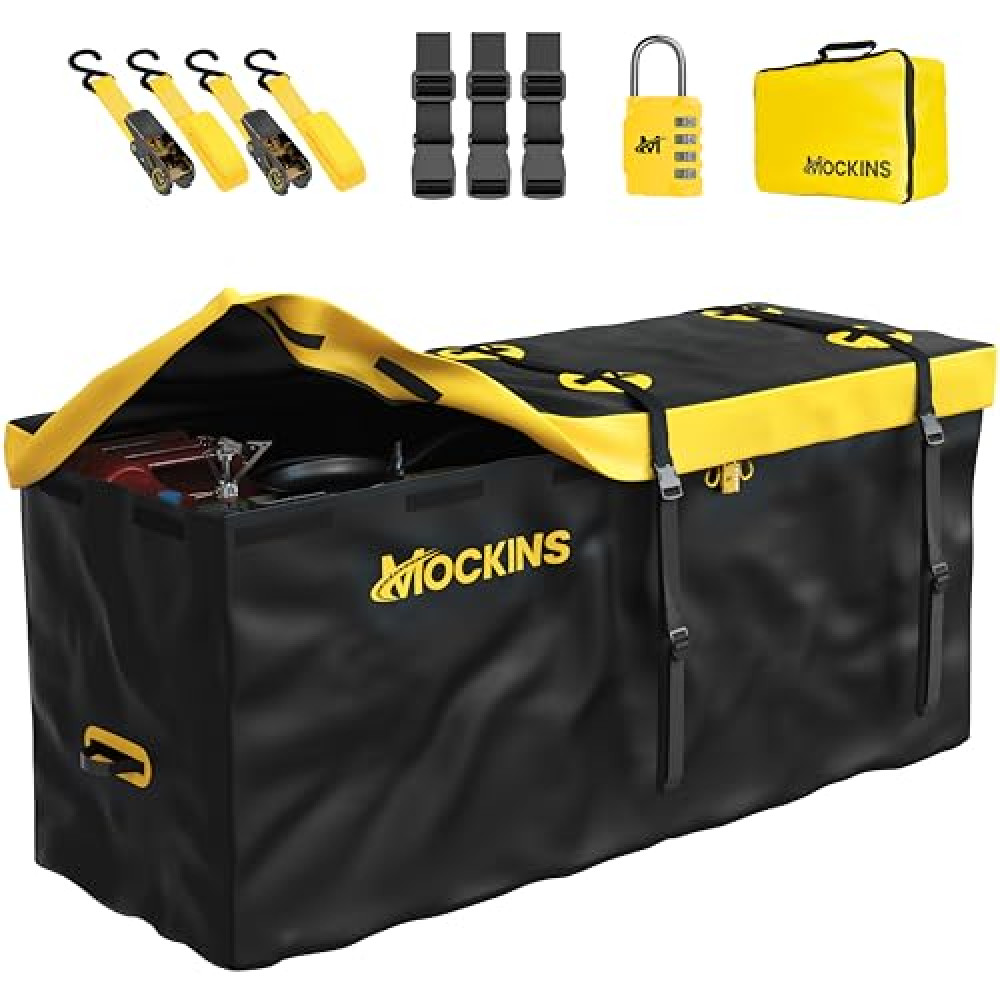 Mockins 20 CuFt Waterproof Cargo Bag for Hitch Carrier | 60x20x29 Weatherproof Trailer Hitch Cargo Carrier Bag for Truck Bed Storage |500D PVC Vehicle Soft-Shell Carriers Car Bag w/Waterproof Zipper