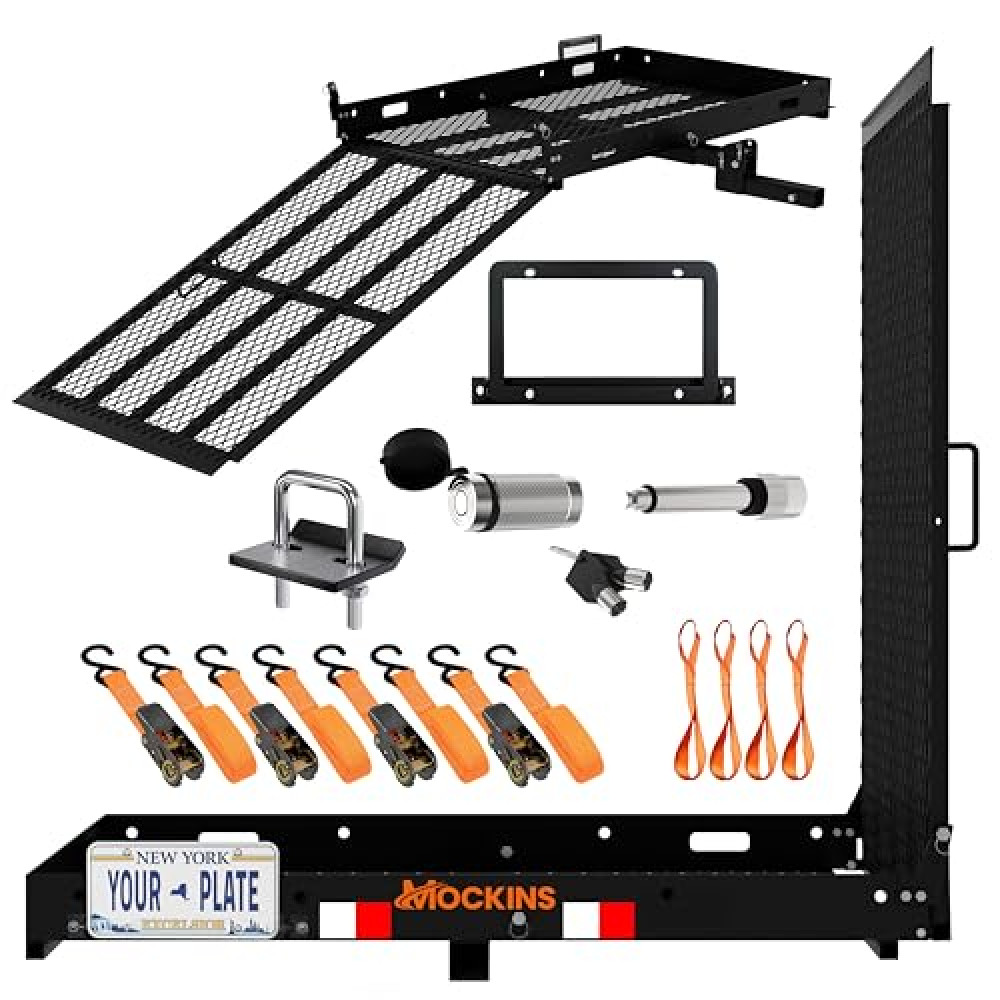 Mockins 48"x28.5"x4" Heavy Duty Trailer Hitch Cargo Carrier with Ramp for Wheelchair | 500 Lbs. Capacity Folding Steel Cargo Hitch Carrier & Scooter Ramp w/License Plate Bracket, Stabilizer & More