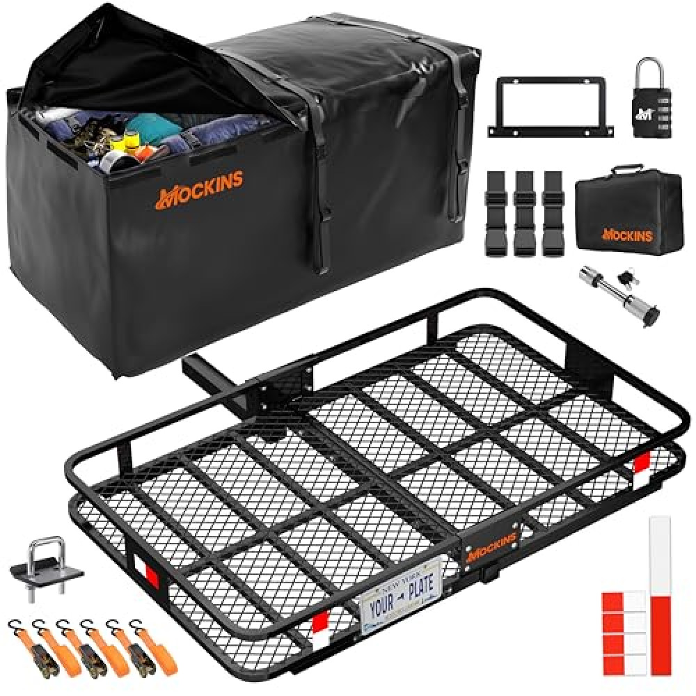 Mockins 60"x36"x6" Folding Tow Hitch Cargo Carrier w/ 35CuFt Waterproof Cargo Bag | 500Lbs Cap. Car Carrier Hitch Rack | Luggage Rack for SUV & Car w/Straps, Stabilizer & License Plate Holder & More