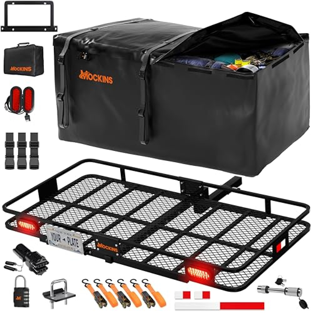 Mockins XXL 72"x36"x6" Folding Cargo Carrier Hitch Mount Luggage Rack w/50 CuFt Trailer Hitch Cargo Carrier Bag | All-Weather 500 Lbs Capacity Cargo Rack Set w/Rear Lights, License Plate Holder & More