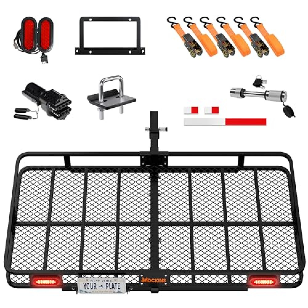 Mockins XXL 72"x36"x6" Folding Trailer Hitch Cargo Carrier w/Rear Lights & Plate Bracket | All-Weather 2" Receiver Hitch Cargo Rack | 500Lbs. Cap Luggage Rack for SUV, Car or Truck & Car Carrier Gear
