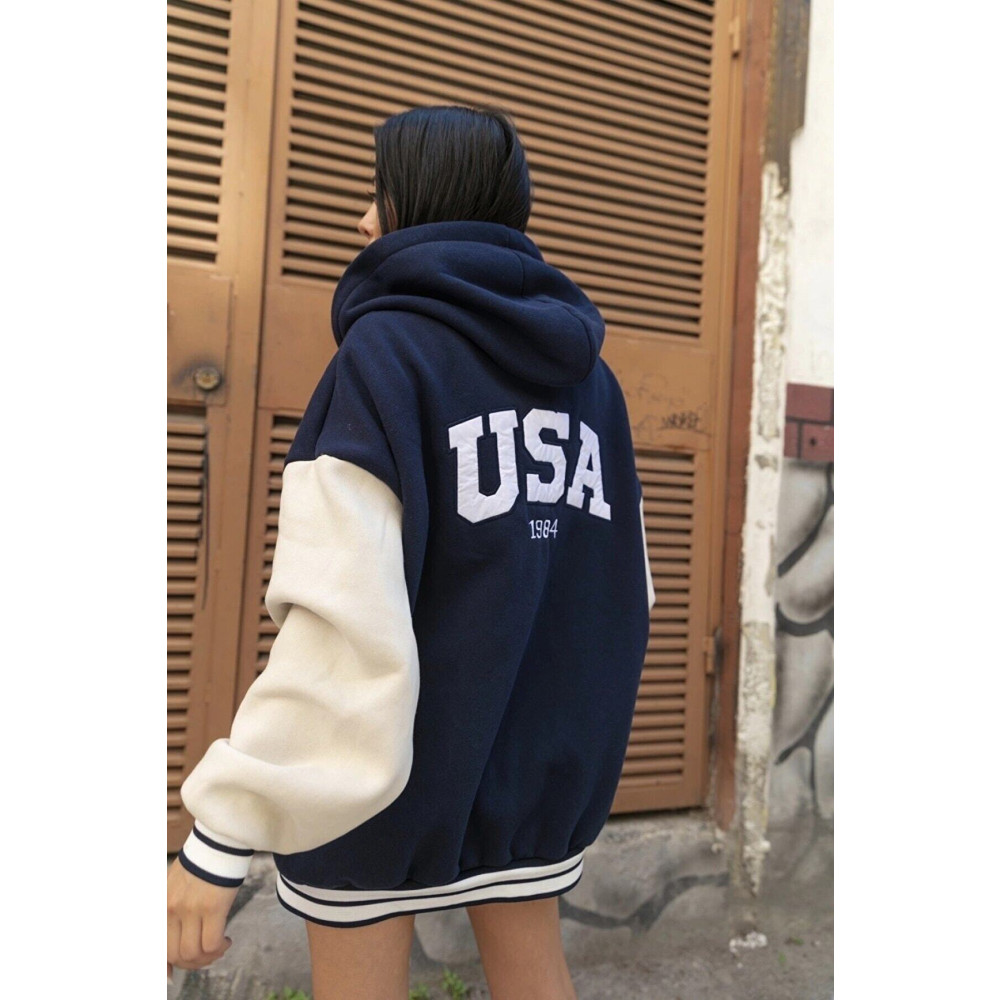 Moda Akai Unısex Oversıze Usa Kapüşonlu Nakışlı Cepli 3 İplik Kolej Ceket M Beden Bayan Ceket Fiyatı
